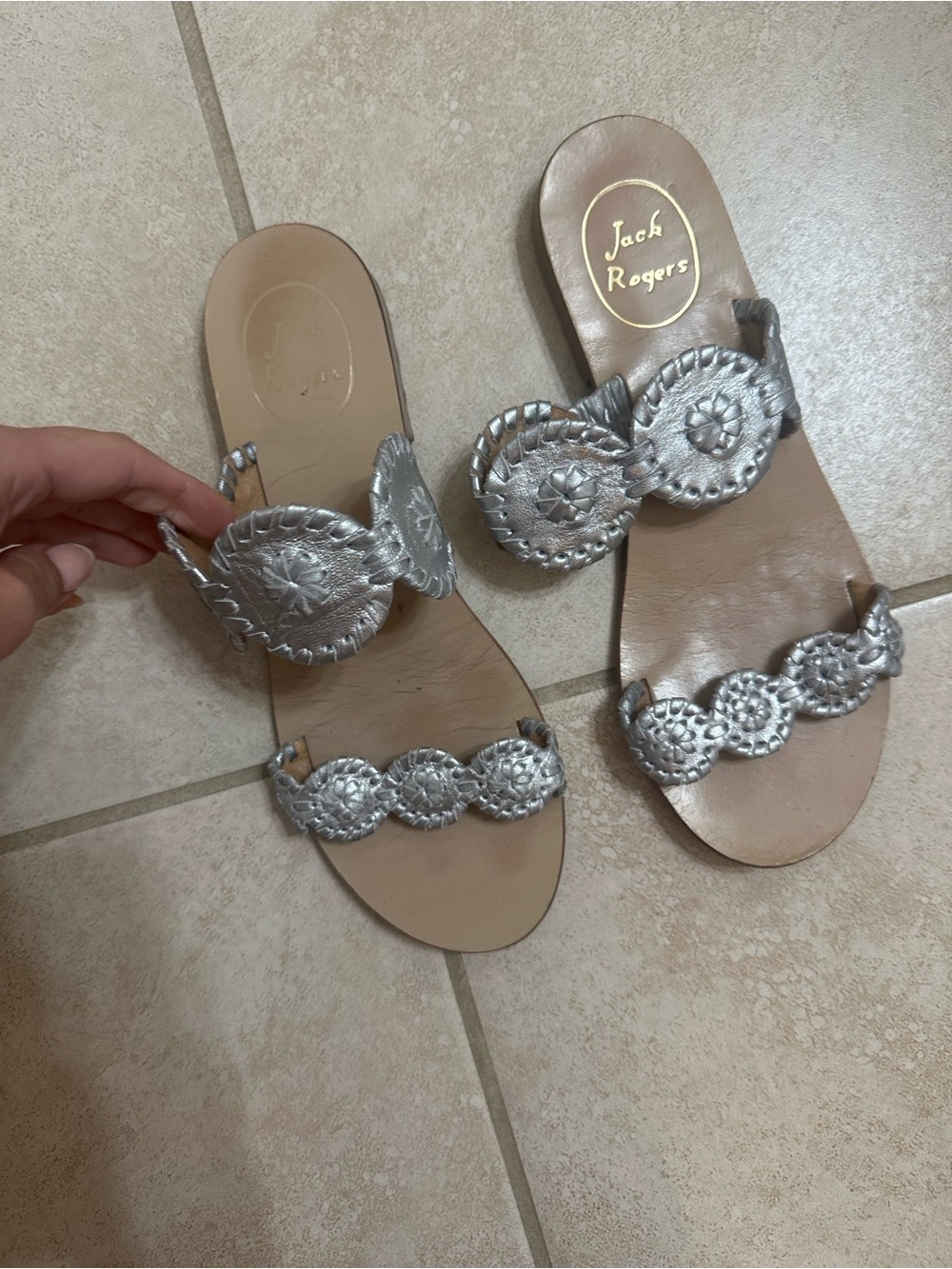 Jack Rogers Metallic Silver Whipstitch Medallion Slide Sandals